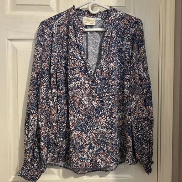 Anthropologie Maeve Colette Peasant Blouse Blue Motif Plus Size 1X - Picture 4 of 7